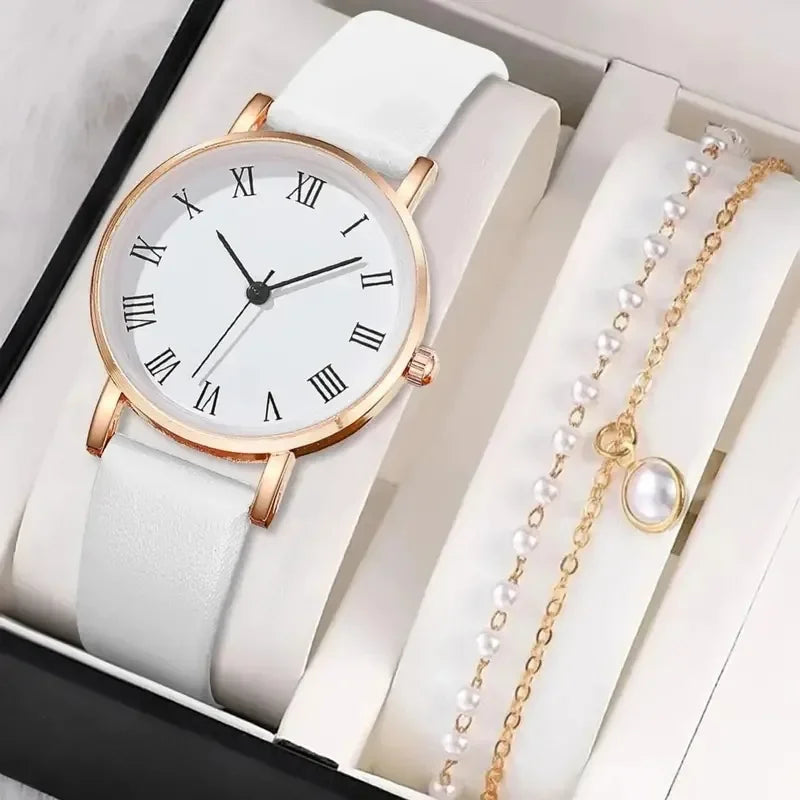 2/1Pcs Fashion Women Leather Strap Quartz Watch & Elegant Pearl Bracelet Fashion Wristwatch Casual Ladies Watches Bracelet Set