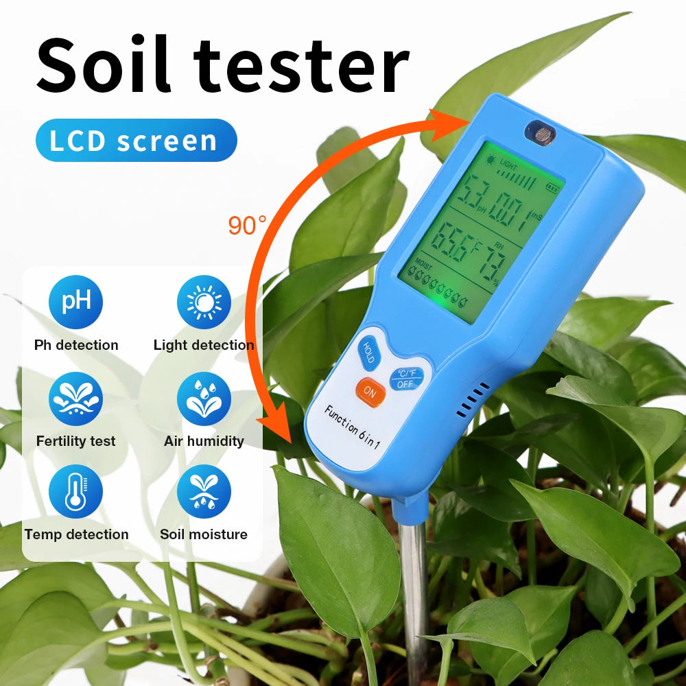 Newest 6 in 1 Soil Tester pH Temperature Humidity Sunlight Air Moisture Nutrient Fertility Meter Soli Detector Gardening Tool