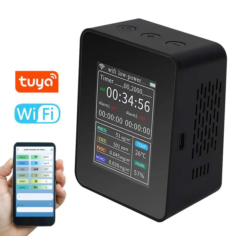 Smart Air Quality Monitor Detector CO2 PM2.5 TVOC HCHO TEMP HUMI Detectors With Alarm Timer Mobilephone APP Remotes