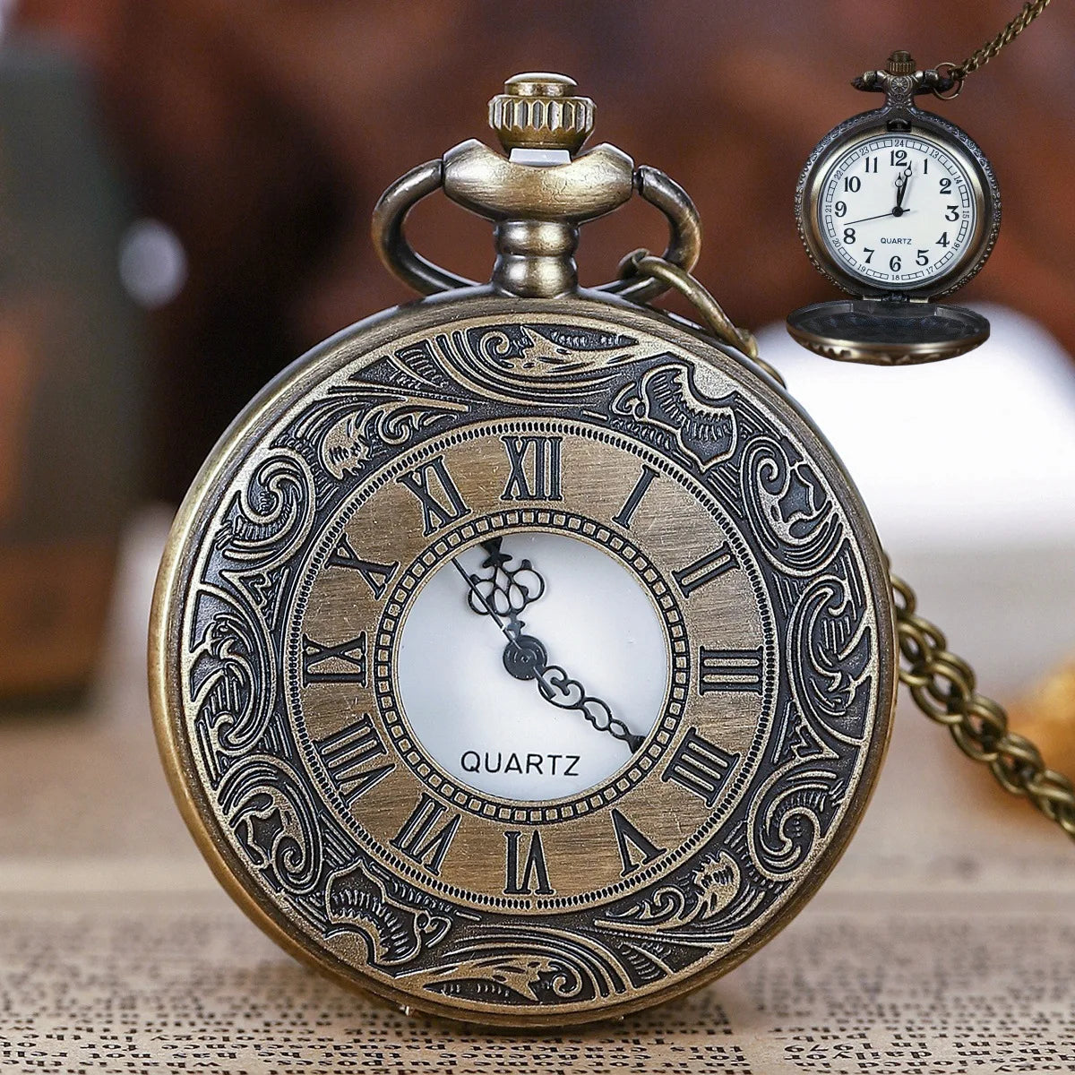 Bronze Roman Scale Display Design Quartz Pocket Watch Vintage Masculino Relogio Pendant Necklace Chain Leisure Men's Gift Clock