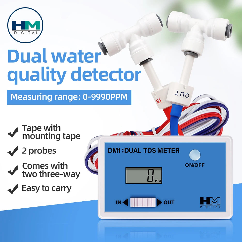 Dual Channel Online TDS Water Quality Detector Tester DM1 Drinking Water Pool Pure Water Test Meter 0-9990PPM Dual Probe
